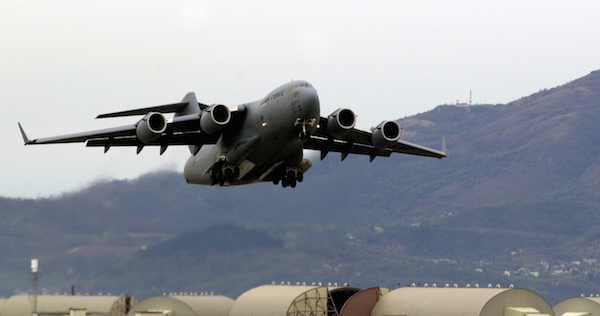 AVIANO AIR BASE, Italy -- A C-17 Globemaster III takes off from here bound for McChord Air Force Base, Wash., after transiting through Italy. (U.S. Air Force photo by Staff Sgt. Mitch Fuqua)